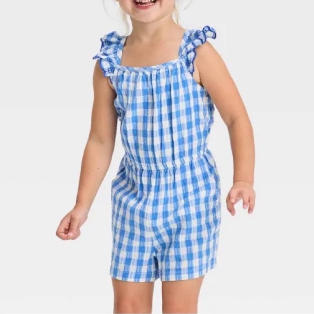 Cat & Jack Baby Girls Sleeveless Gingham Romper - Blue 18M
